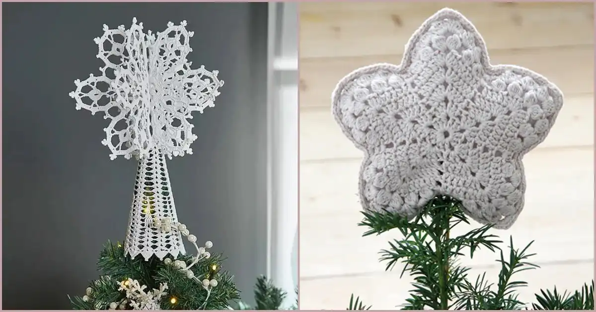 A beautifully crocheted star tree topper adorning the top of a Christmas tree, showcasing the elegance and handmade charm of The 5 Best Tree Topper Free Crochet Patterns.