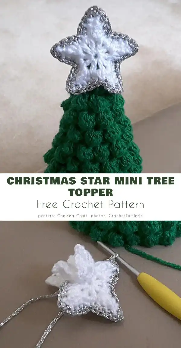 Assortment of handmade crochet tree decorations and a star tree topper, highlighting the variety of The 5 Best Tree Topper Free Crochet Patterns.
