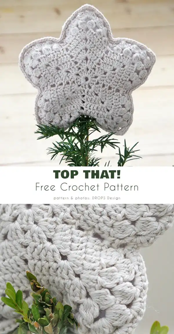 Close-up of a small, elegantly crocheted Christmas Star Mini Topper on a miniature Christmas tree, ideal for The 5 Best Tree Topper Free Crochet Patterns.
