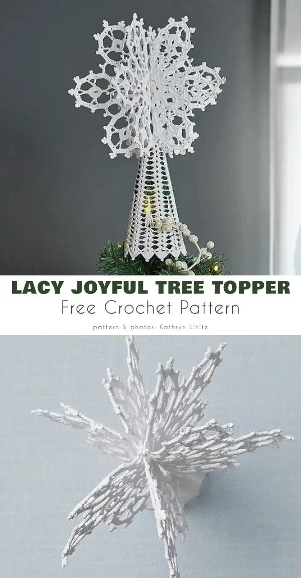 A classic, traditional Star Tree Topper crocheted in white yarn, radiating timeless holiday charm, one of The 5 Best Tree Topper Free Crochet Patterns.