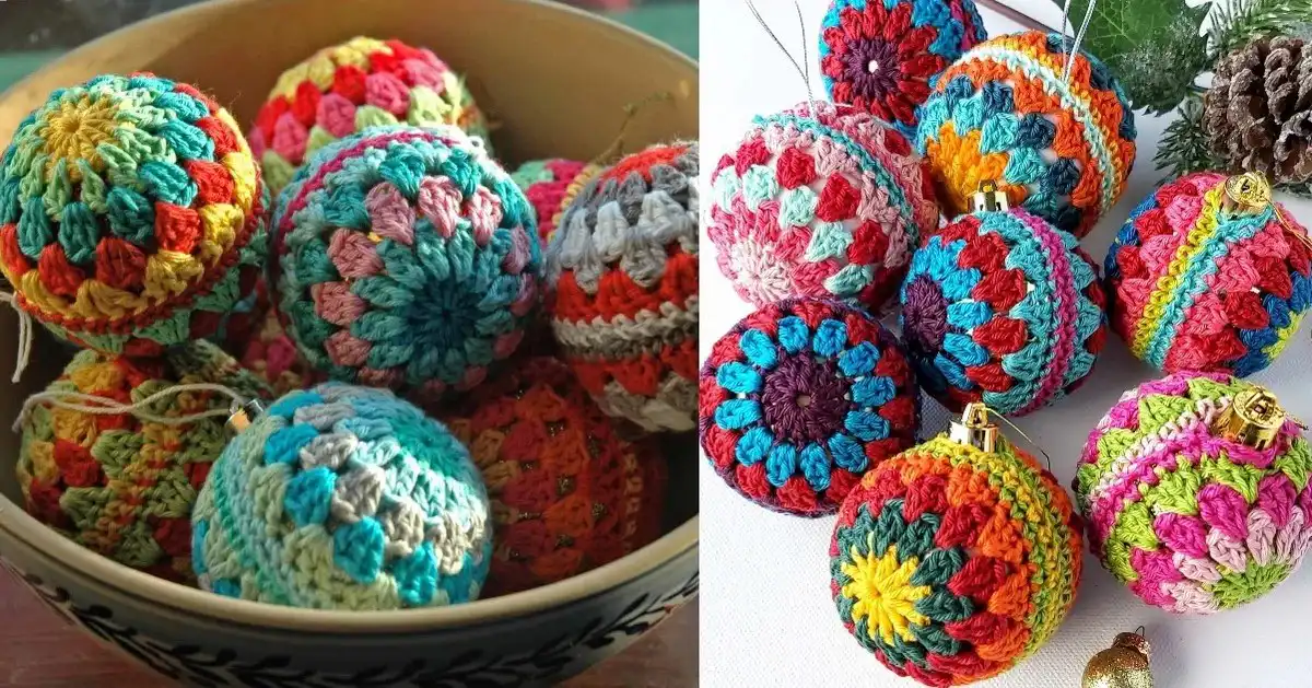 A collection of beautifully crafted crochet Christmas baubles in various colors and designs, showcasing festive holiday decorations.