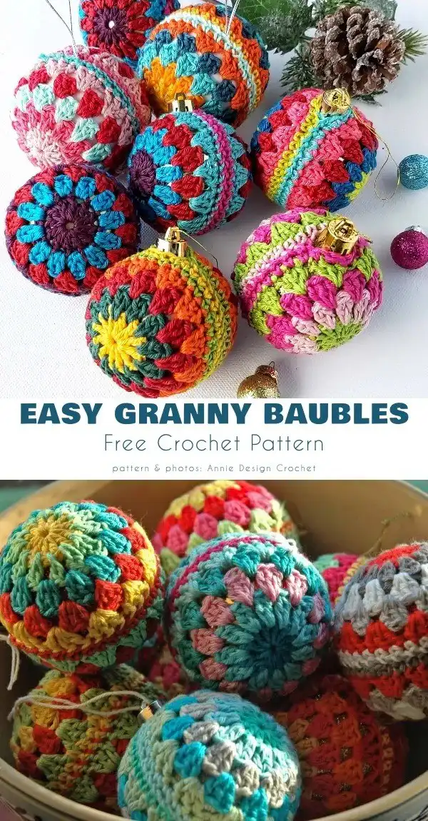 An array of colorful yarn skeins and crochet hooks laid out with partially finished Christmas baubles, symbolizing creativity and crafting.