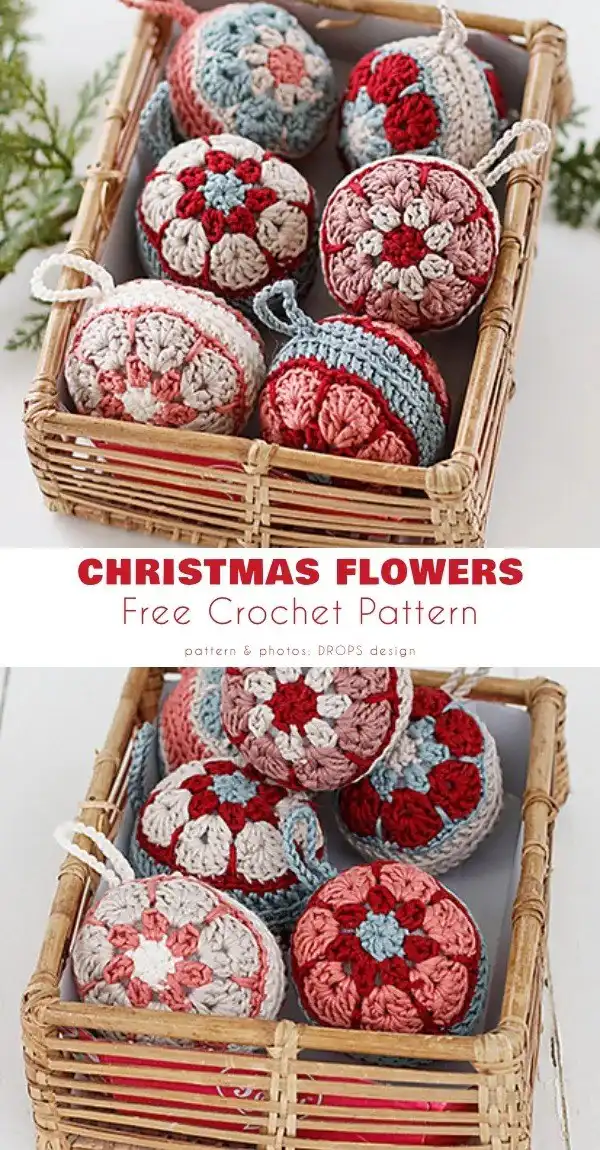 Close-up of a crocheted Christmas bauble featuring intricate stitch work and a blend of traditional red and green colors, hanging on a Christmas tree.
