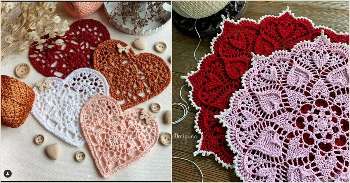 A collection of various crocheted heart patterns showcasing different styles and colors, representing The Best Crochet Heart Patterns from Newbie to Pro.