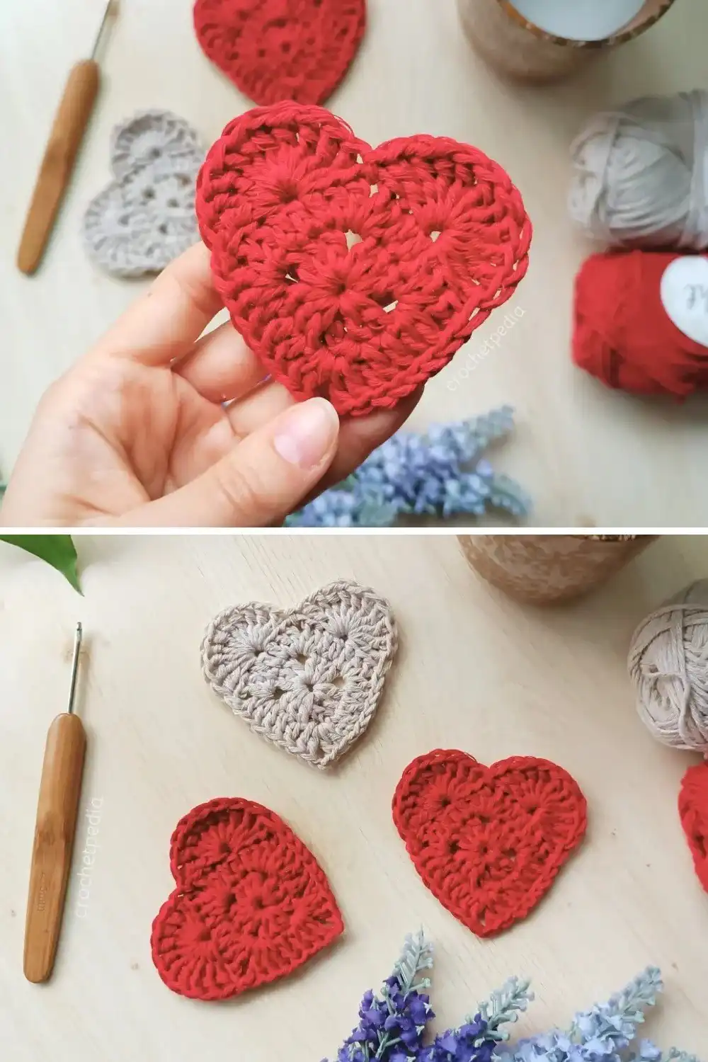 A close-up of a simple single crochet heart applique in a bright color, illustrating its clean lines and beginner-friendly design, perfect for The Best Crochet Heart Patterns.