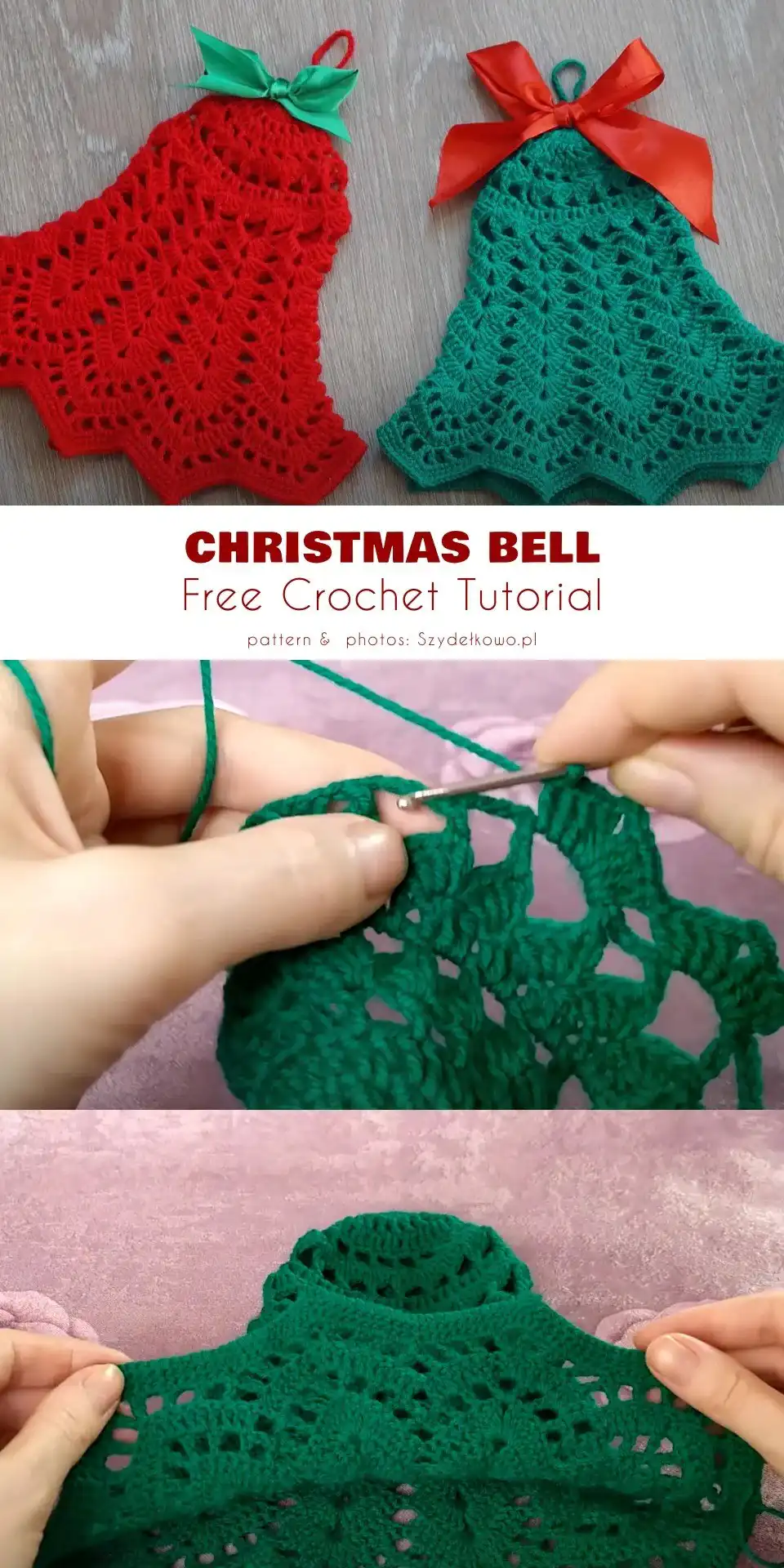 A cluster of simple mini crochet Christmas bell ornaments in different festive colors, perfect for a cozy tree.