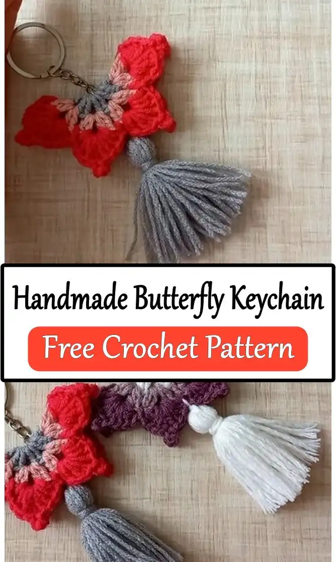 The Handmade Crochet Butterfly Keychain attached to a set of keys, showcasing its practical use as a delightful gift for nature lovers.