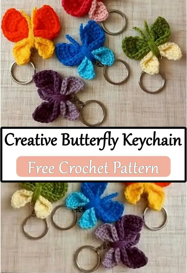 A creative, multi-colored handmade crochet butterfly keychain designed with unique color combinations, a delightful gift for nature lovers.