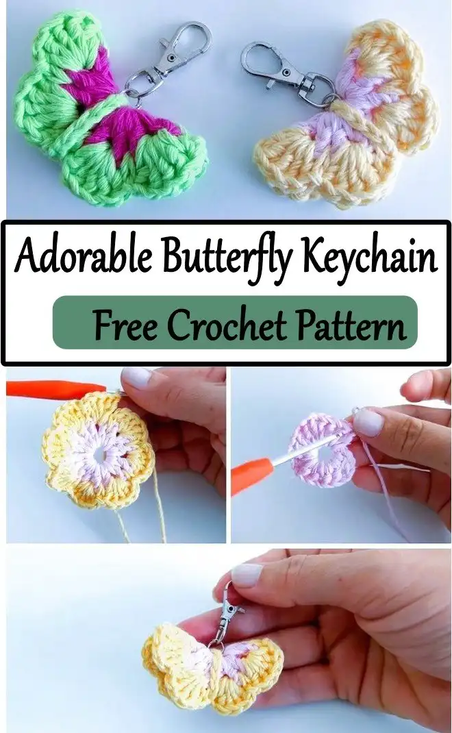 An adorable handmade crochet butterfly keychain with a particularly cute design, making it a delightful gift for nature lovers.