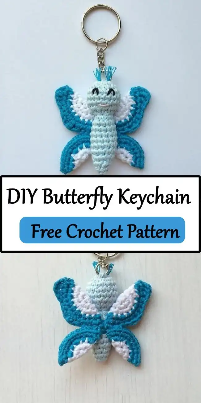 A DIY-inspired shot of The Handmade Crochet Butterfly Keychain with yarn and hooks in the background, appealing to craft enthusiasts and nature lovers.