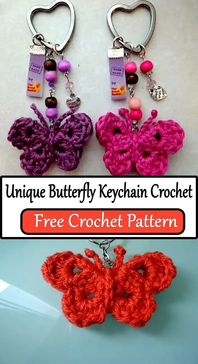 A unique, custom-colored handmade crochet butterfly keychain, emphasizing its individuality and charm as a delightful gift for nature lovers.