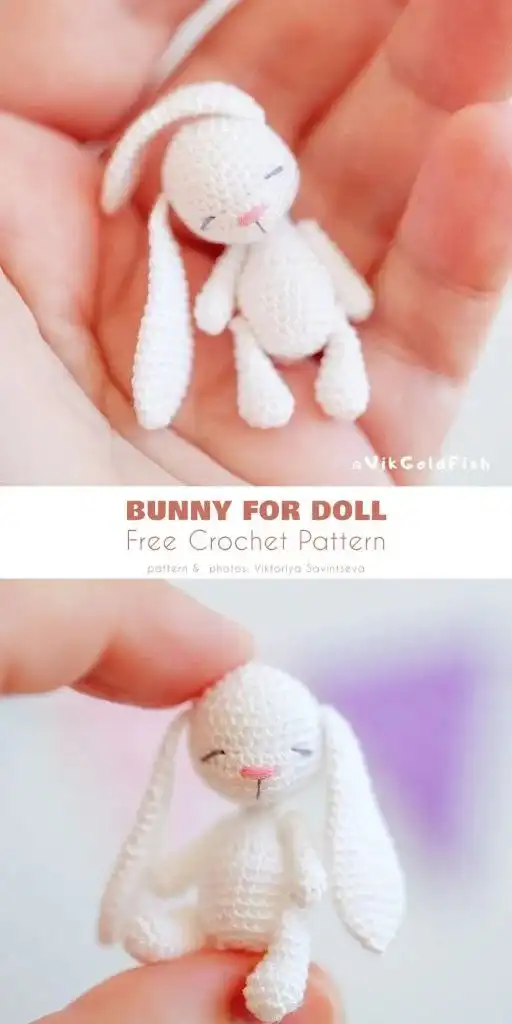 Miniature crochet bunny with long, floppy ears, perfect as a doll's accessory, made with cream-colored yarn