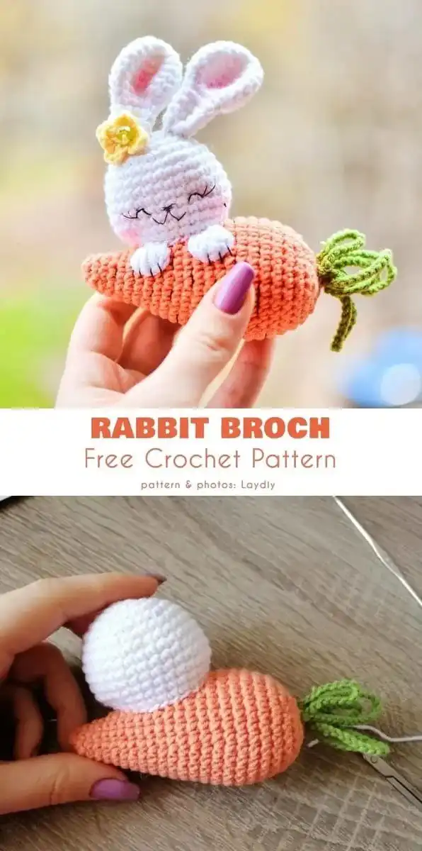 Cute crochet rabbit brooch holding a small orange carrot, ideal as a toy or applique, in white and orange yarn