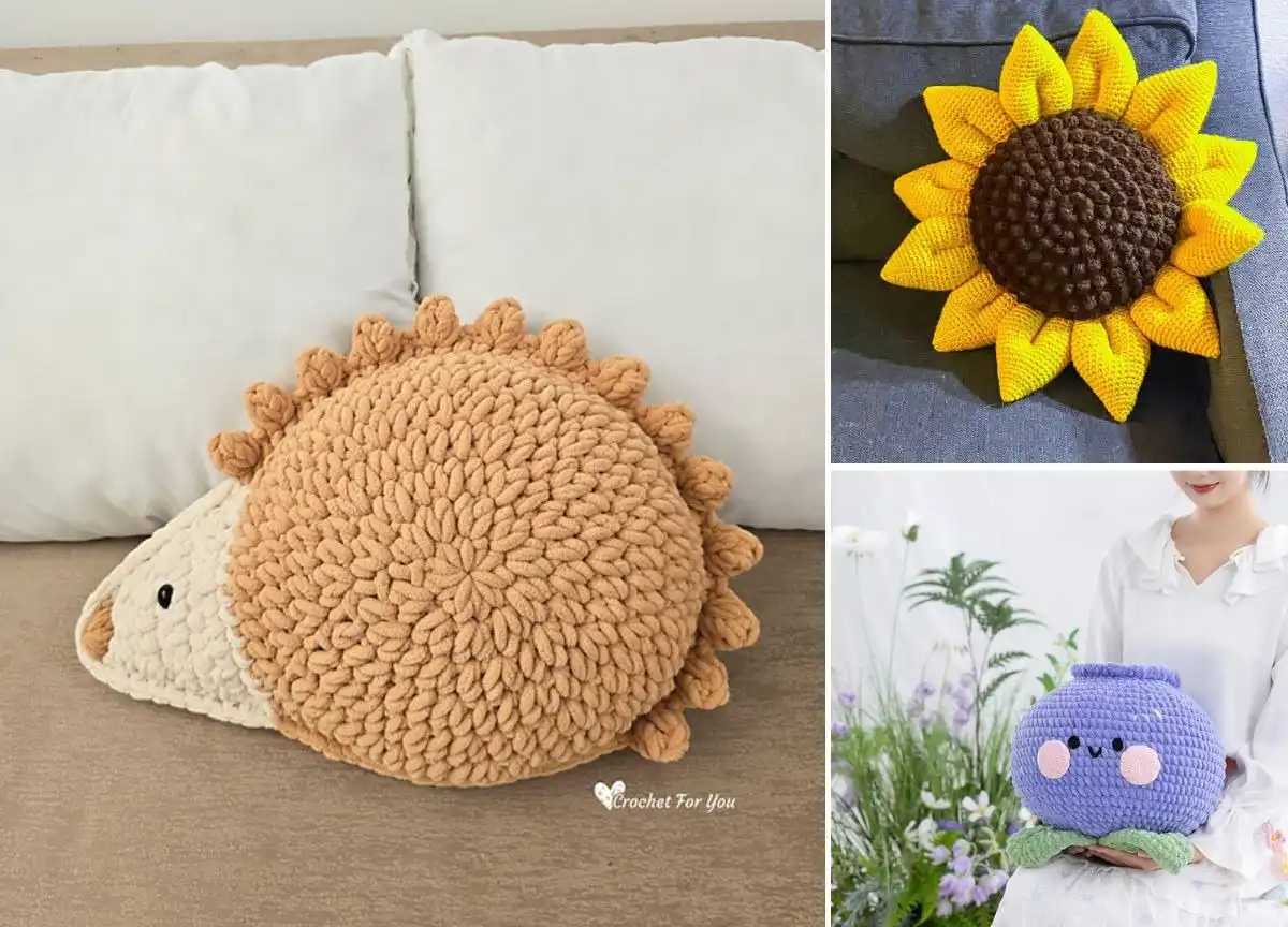 Collection of 26 whimsical crochet pillows for home decor, featuring a prominent Tooth Fairy Pillow, fruit shapes, and animal designs.