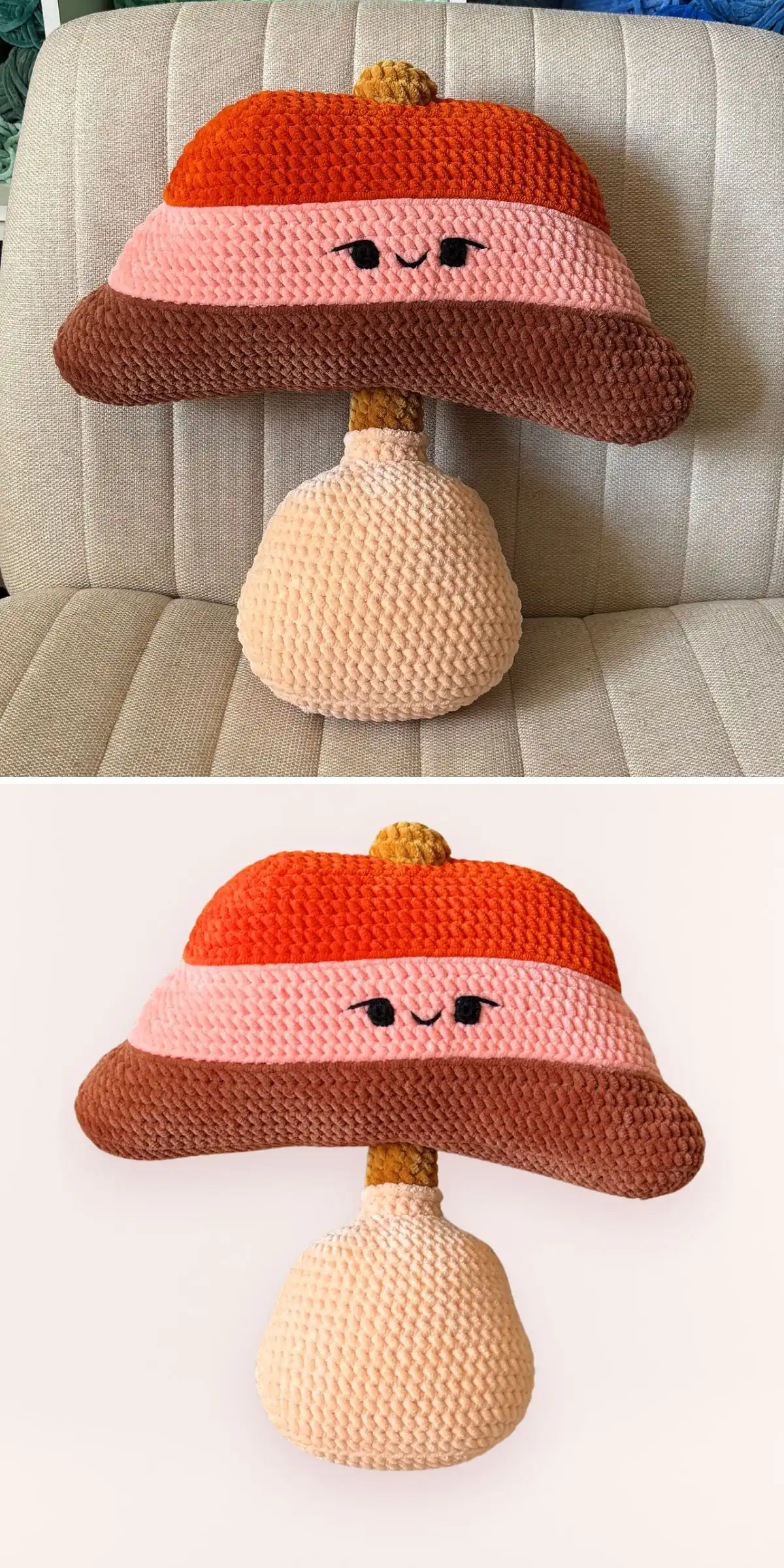 Whimsical Mushroom Crochet Pillow, a red mushroom with white spots and a cream stem.