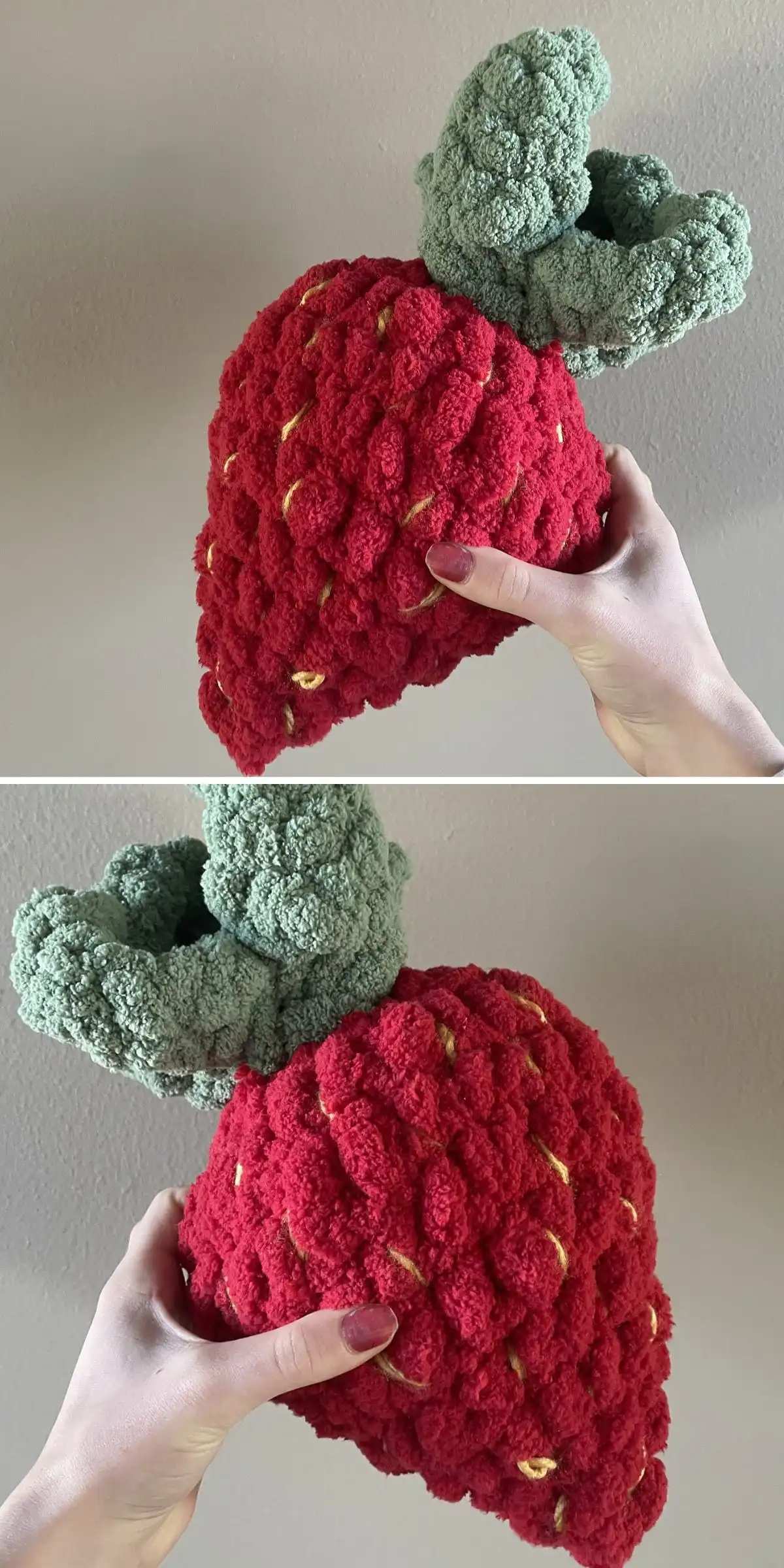 Sweet Strawberry Crochet Pillow, a red strawberry with green leaves and yellow seeds.