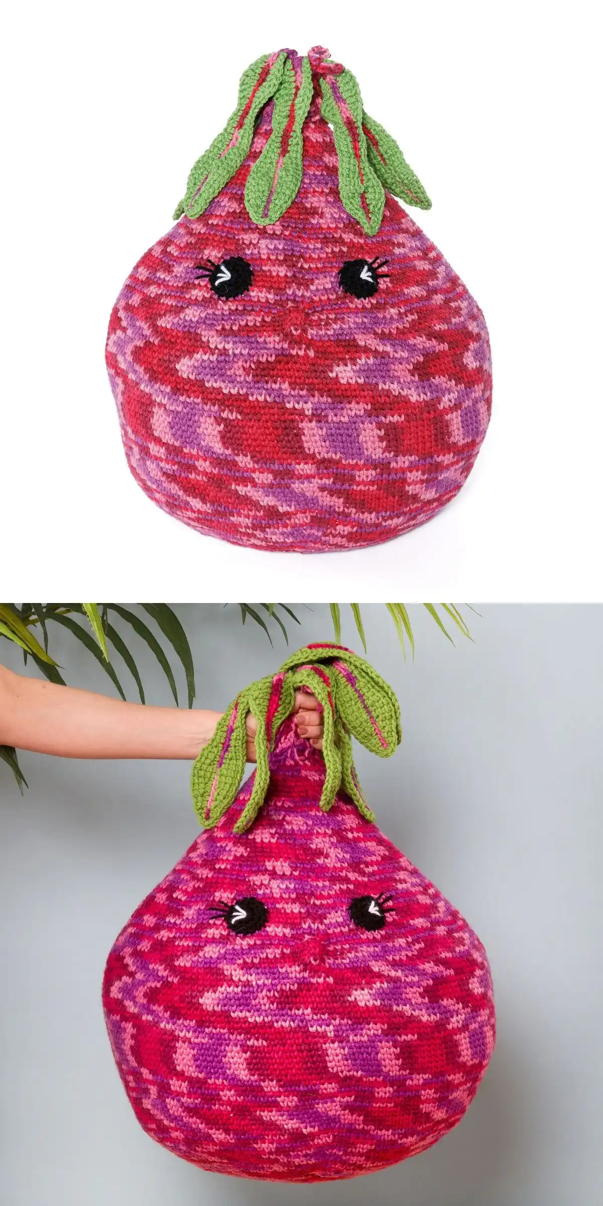 Happy Cupcake Crochet Pillow, a cute cupcake with swirled frosting and a cherry.