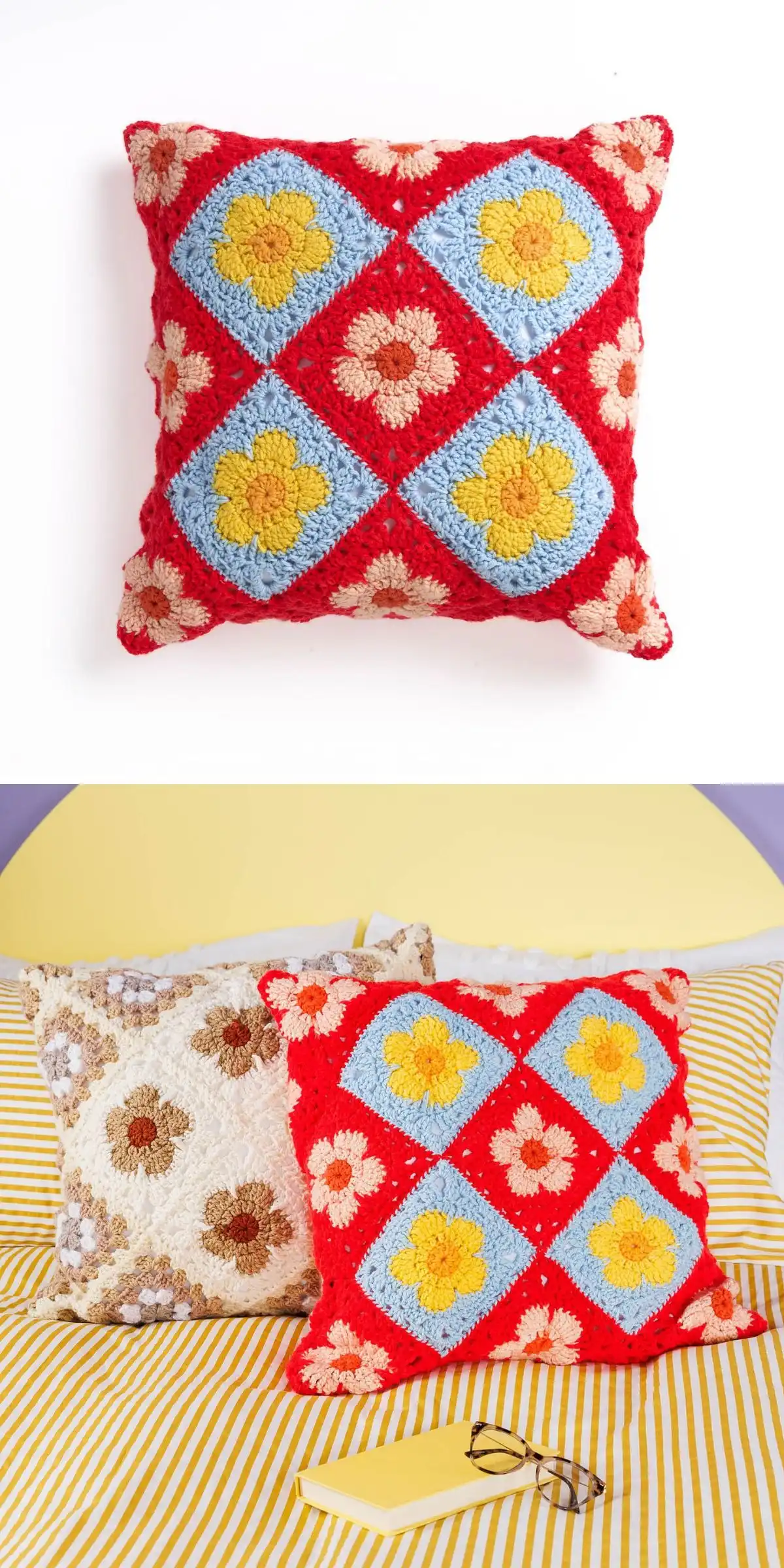 Geometric Gem Crochet Pillow, a faceted jewel shape with contrasting color blocks.