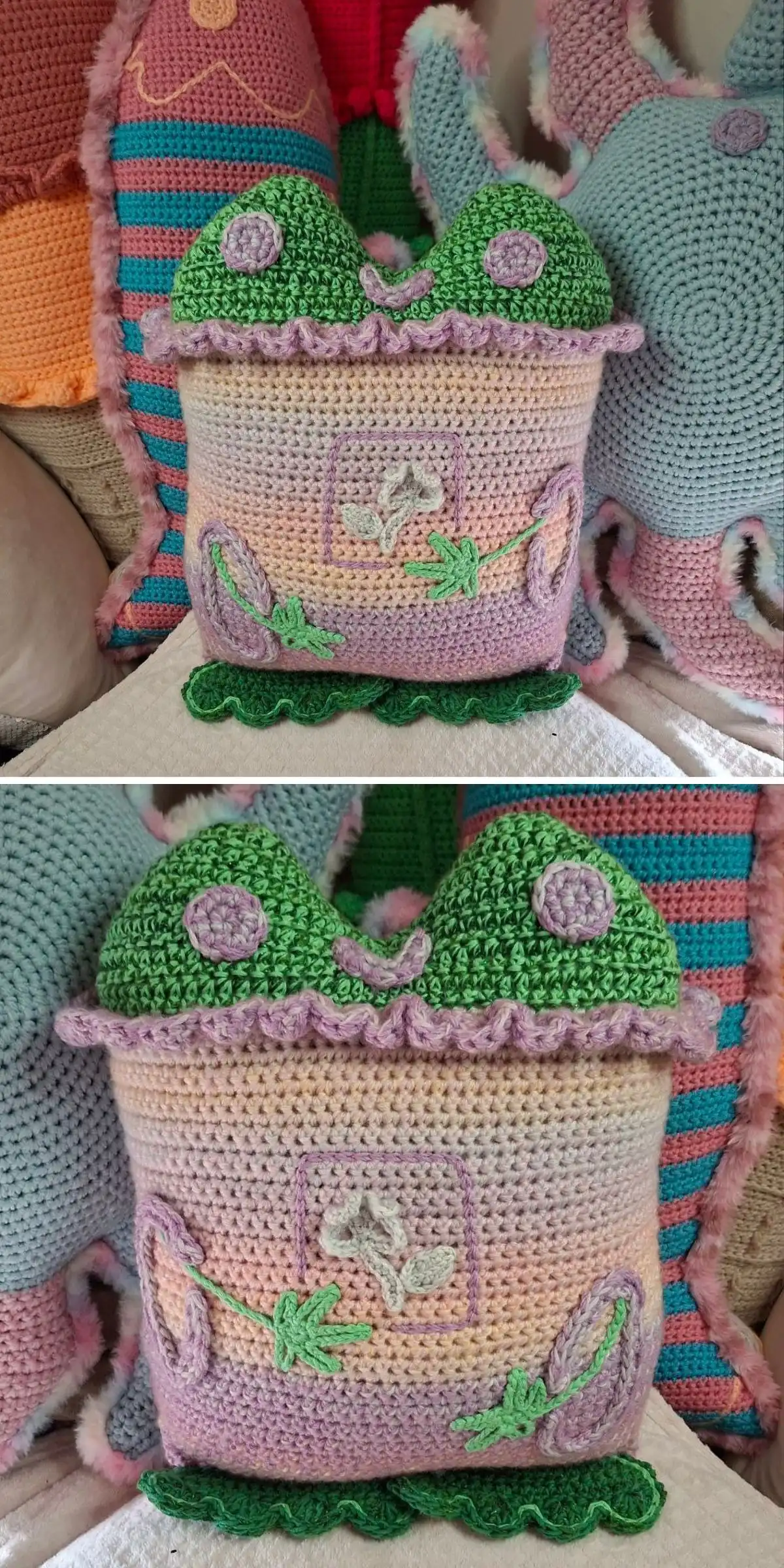 Retro Cassette Tape Crochet Pillow, a classic cassette tape design with reels.