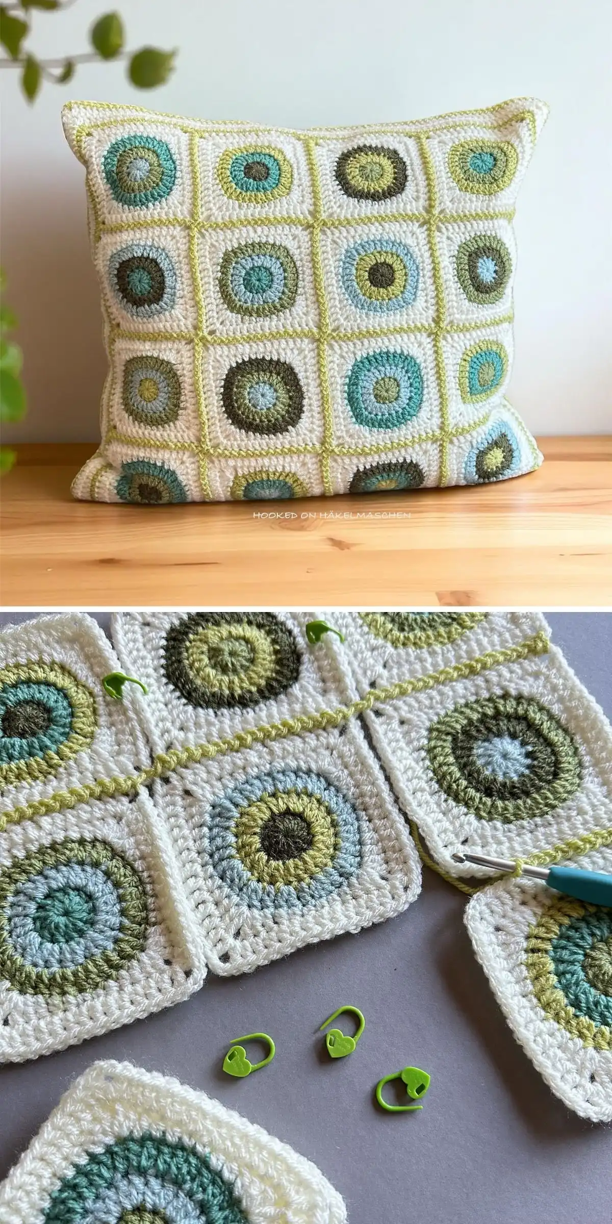 Buzzy Bee Crochet Pillow, a yellow and black striped bee with small wings.