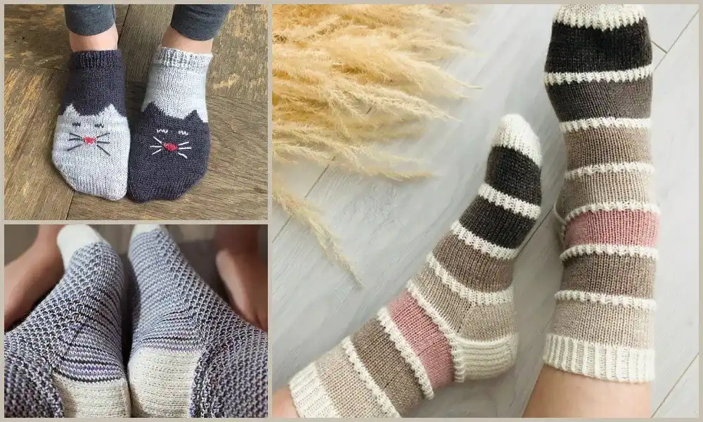 A pair of beautifully hand-knitted striped socks on a rustic wooden surface, showcasing cozy creations from the Top 10 Free Knitted Socks Patterns collection.