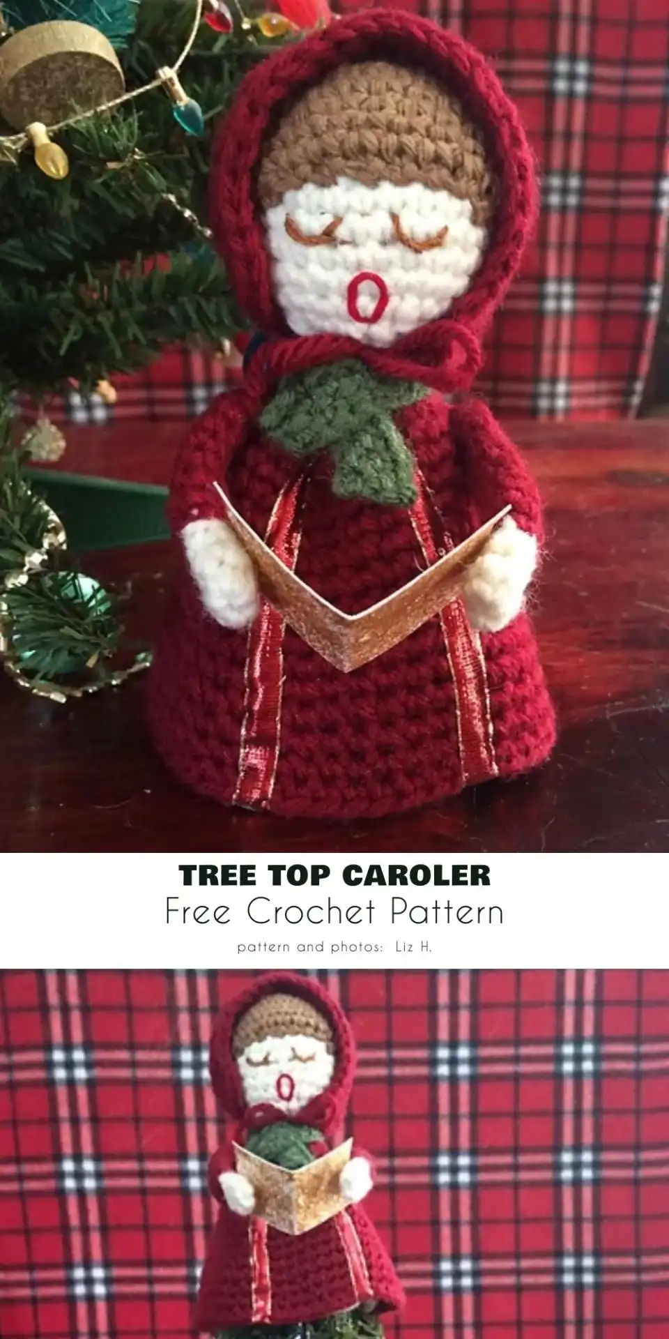 A cute mini amigurumi Caroler tree topper, dressed in festive colors and ready to adorn a small Christmas tree.