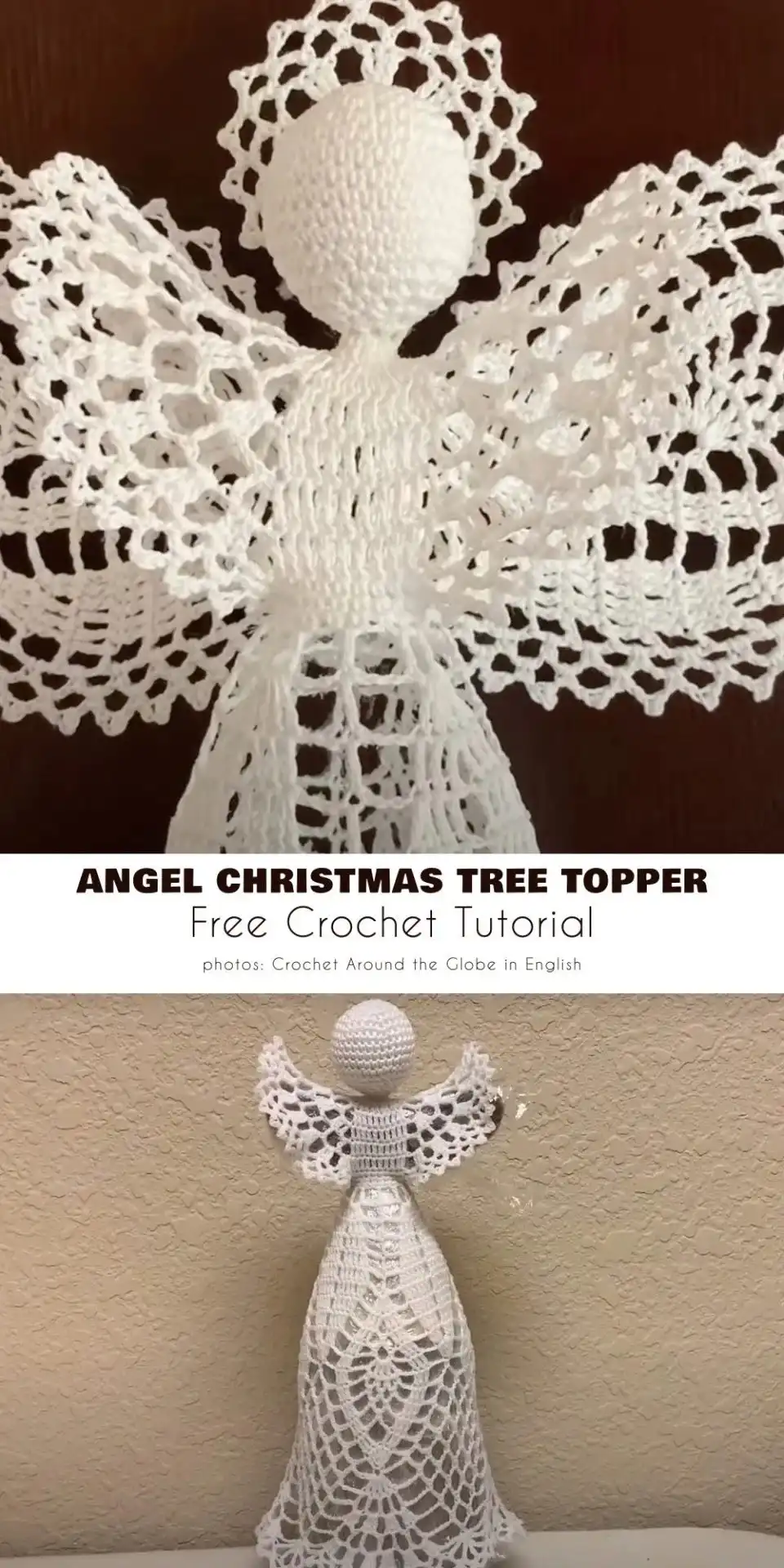An elegant crocheted Angel Christmas Tree Topper, featuring delicate wings and flowing robes, made with fine white yarn.