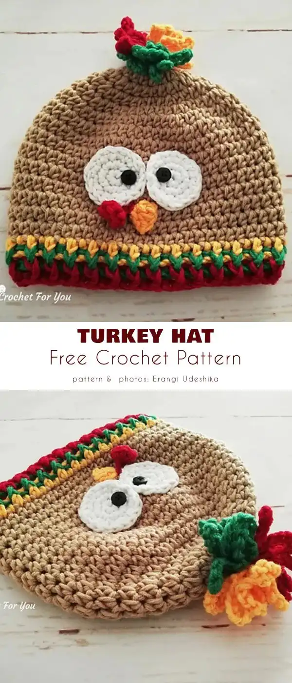 Assortment of vibrant crochet turkey hats suitable for various ages and skill levels