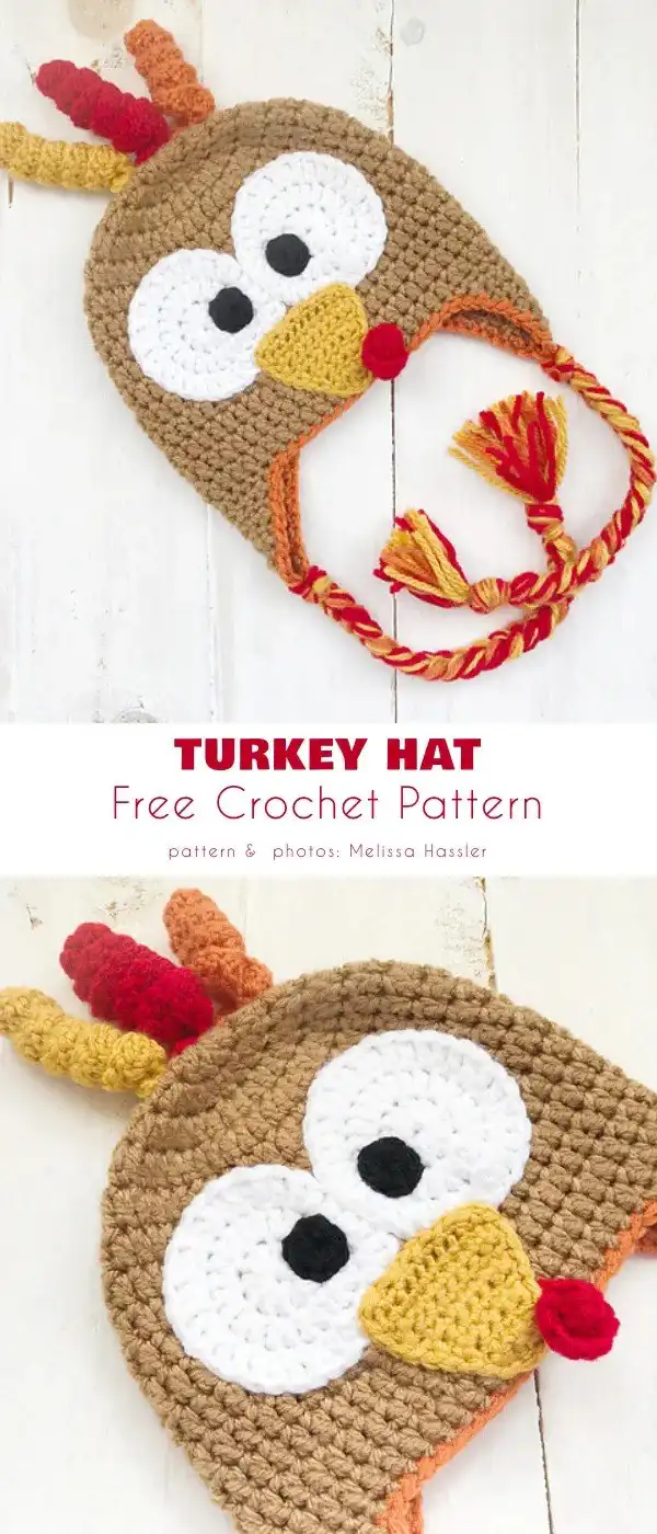 Close-up of a delightful toddler-sized crochet turkey hat with colorful feathered details