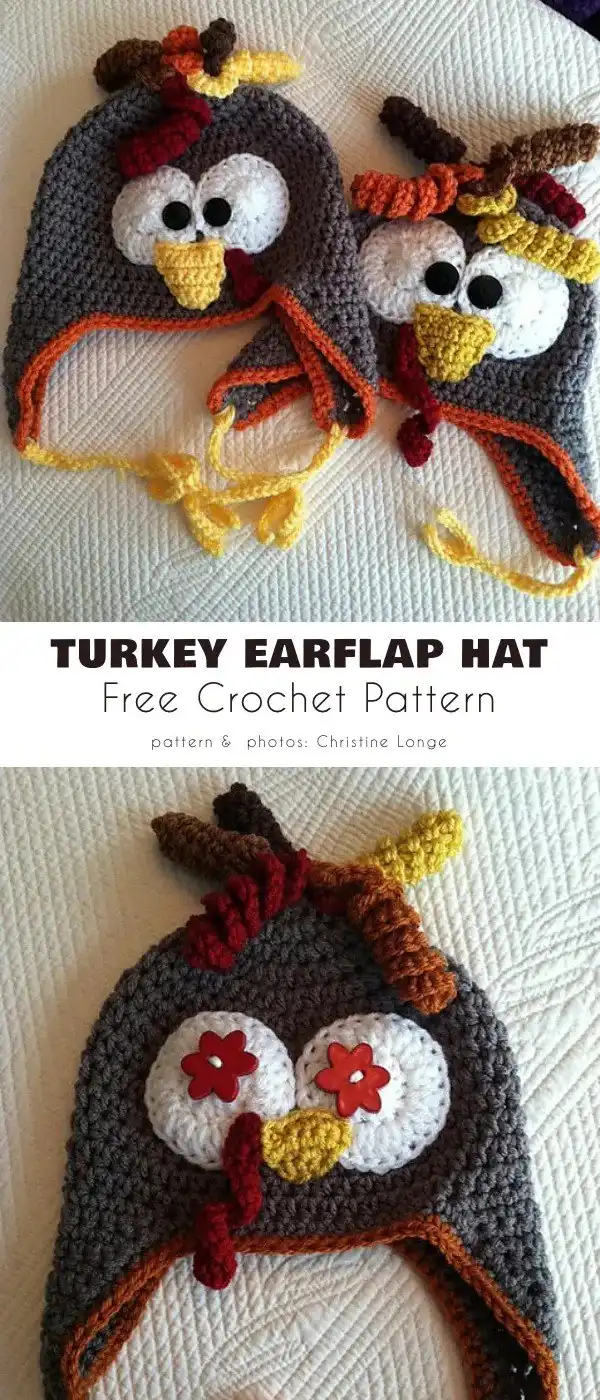 Detailed view of an adult-sized crochet turkey hat featuring expressive eyes and a textured wattle