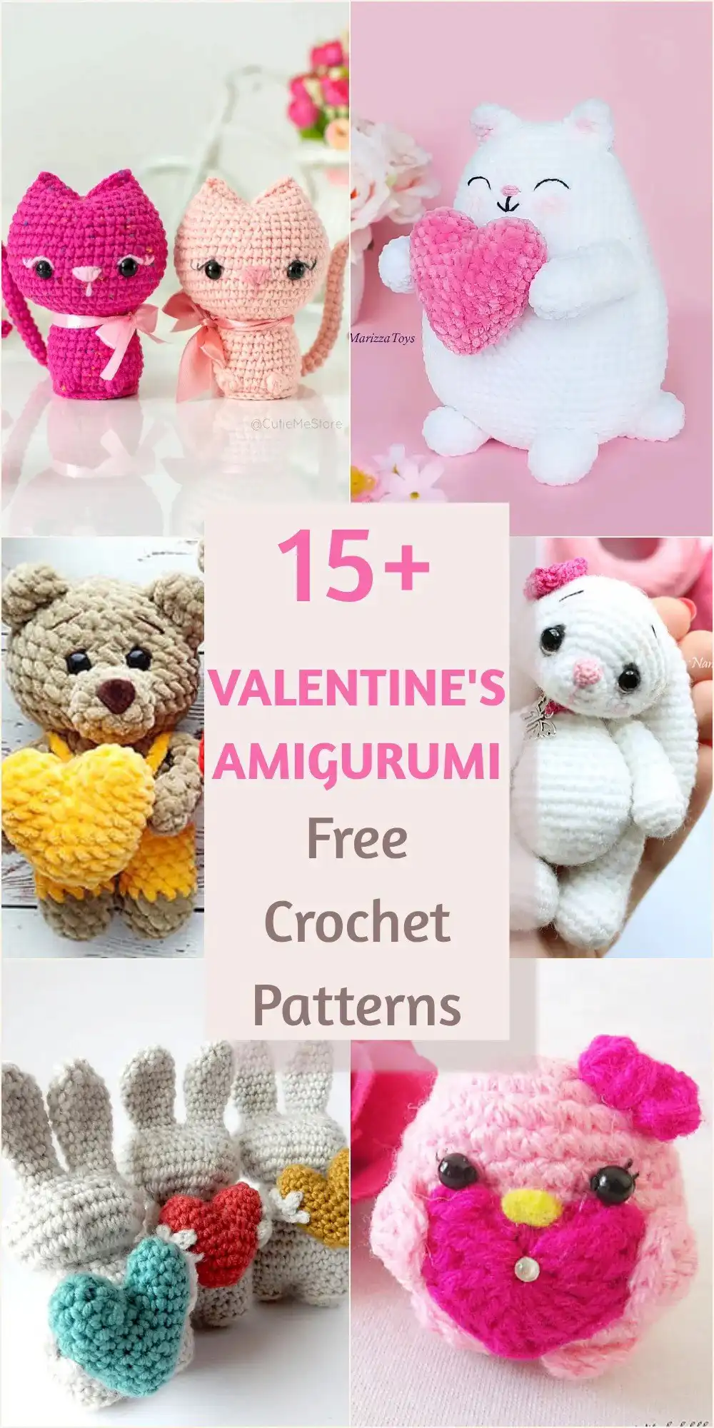 Three small, sweet Valentin Bunny Amigurumi in pastel colors with embroidered hearts, perfect for Valentine's Day gifting.