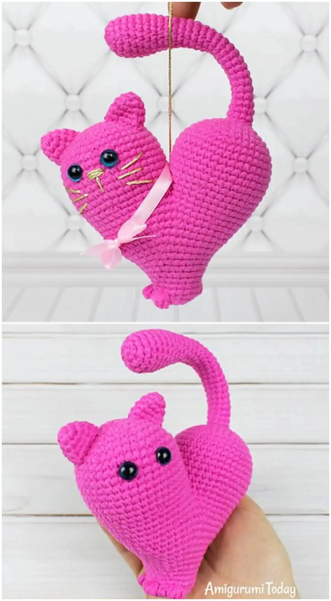 A small, charming 'Valentine’s Kitten' amigurumi with pointed ears and delicate features, a perfect pocket-sized gift.