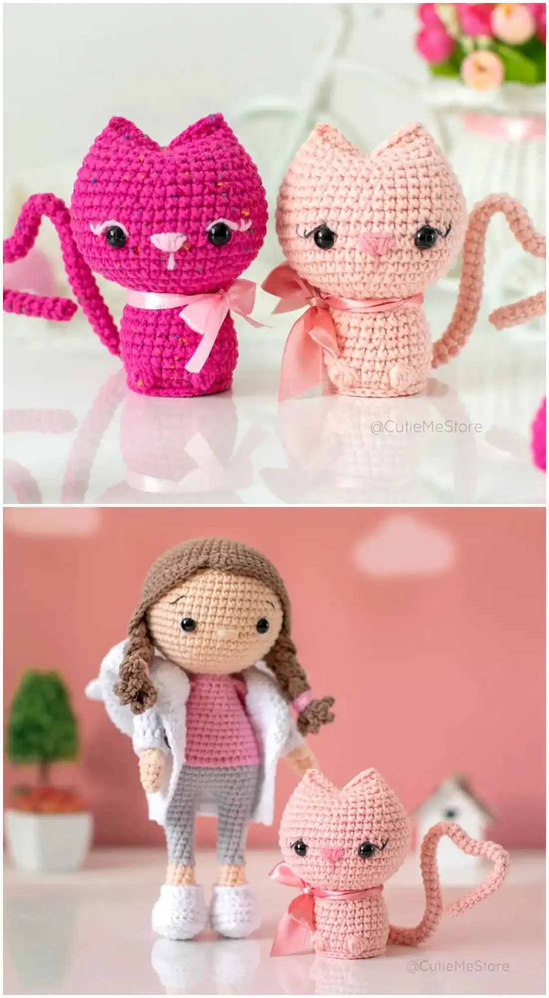 Two crocheted 'Valentine’s Day Gnomes' with long beards and tall hats (one pink, one magenta with a heart), perfect festive decor.