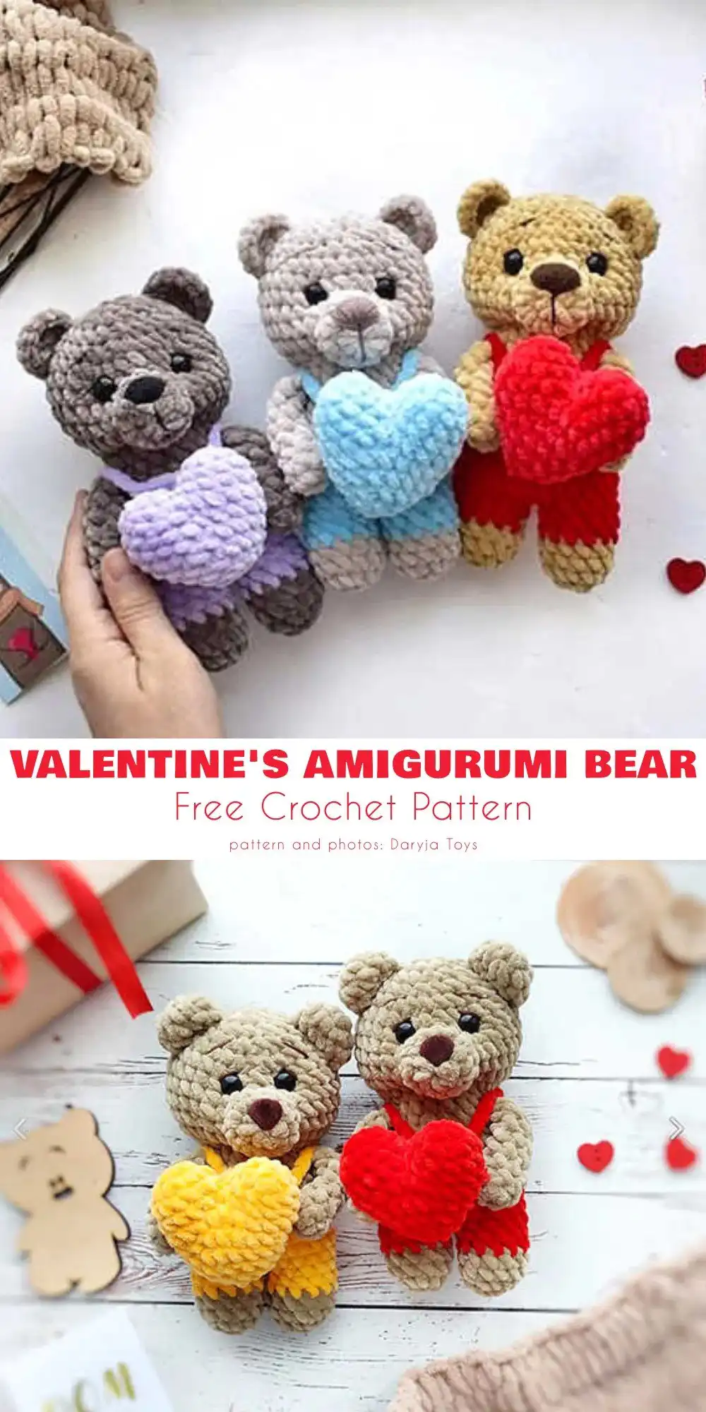 A collection of crocheted 'Amigurumi Heart' decorations in red and white, perfect for Valentine's Day decor or gifts.