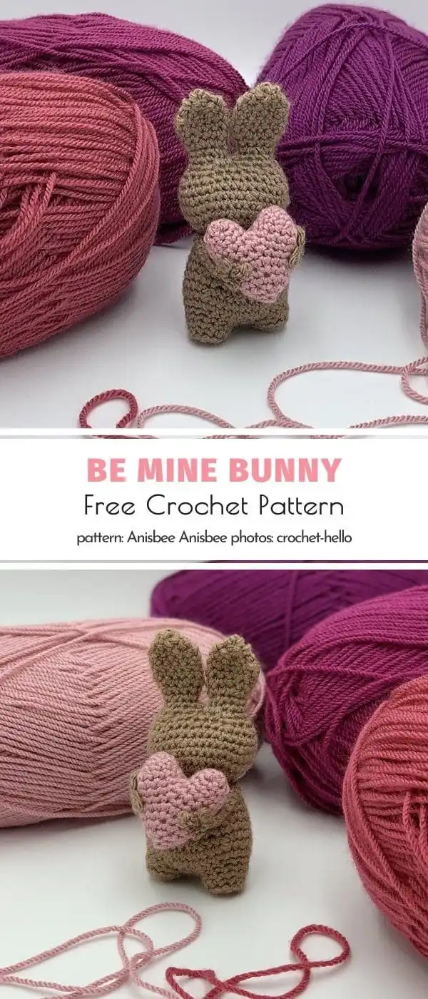 Two crocheted 'My Bunny Valentine' figures in pink dresses, one holding a heart-shaped purse, showcasing stylish amigurumi.