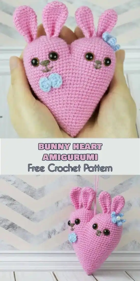 An adorable 'Sweetheart Bunny' amigurumi with a pink heart smock and a bow on its ear, embodying kawaii Valentine's charm.