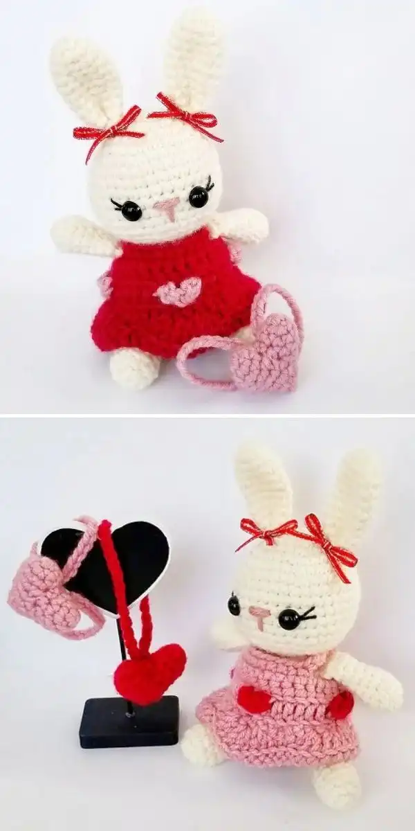 A small, fluffy 'Bunny Flo' amigurumi with long ears, showcasing its soft texture, perfect as a cute Valentine's gift.