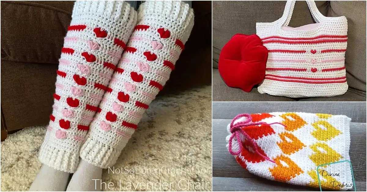 Vibrant collection of Valentine's Day crochet projects including hearts, bags, and wearables