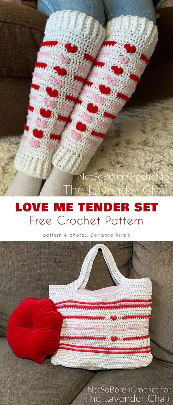 Handmade red crochet tote bag and matching leg warmers, part of a Valentine's Day set