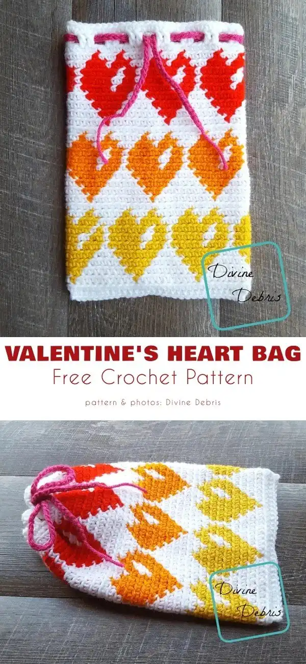 Red crochet heart-shaped drawstring bag with intricate stitch detail