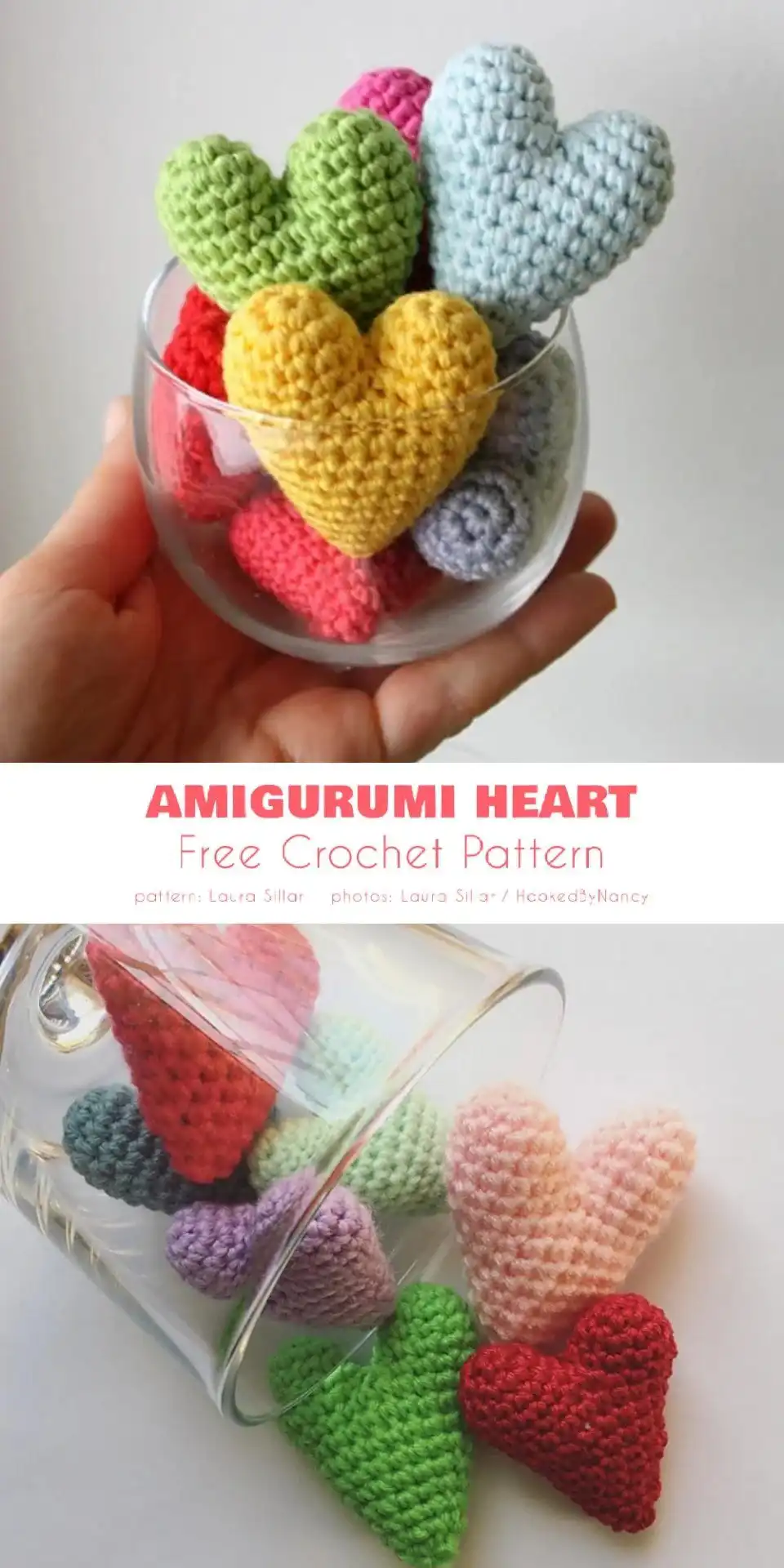 Pile of soft, colorful crocheted amigurumi hearts in various shades of red and pink
