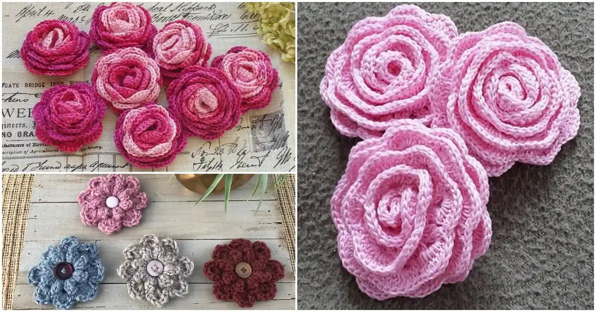 A vibrant collection of various crochet flower appliques in different colors and styles, showcasing a Variety of Flower Appliques Free Crochet Patterns.