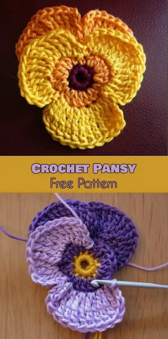 A collection of colorful crochet pansy flowers, showcasing their unique petal shapes and vibrant hues, a charming addition to the Variety of Flower Appliques Free Crochet Patterns.