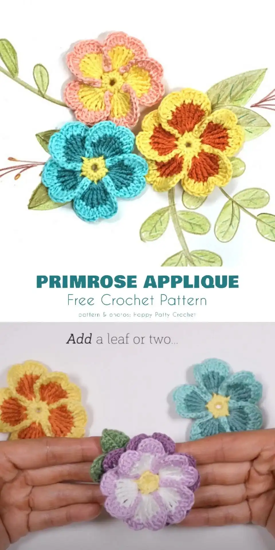Close-up of a crocheted lavender flower applique with purple spikes and green leaves, a delicate example from the Variety of Flower Appliques Free Crochet Patterns.