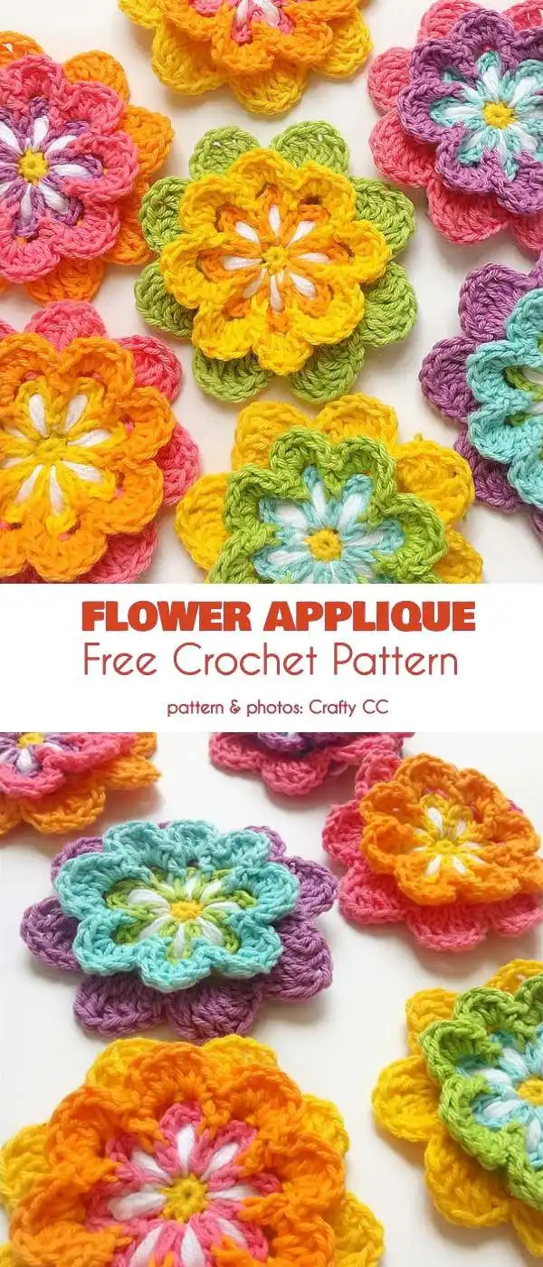 A realistic white daisy flower crochet applique with a yellow center, captured in a clear visual from the Variety of Flower Appliques Free Crochet Patterns.