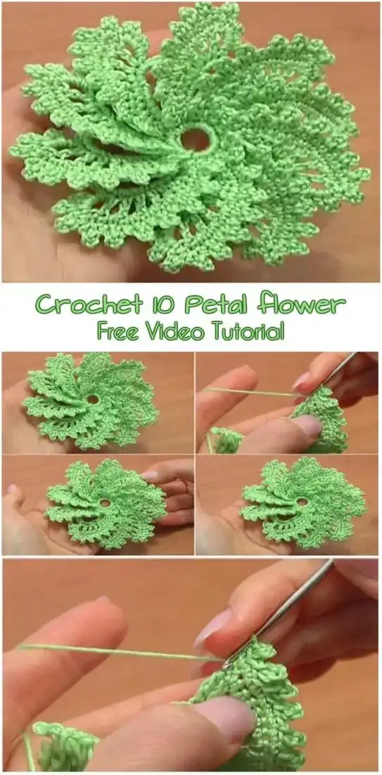 A delicate, multi-layered 3D crochet flower applique in soft pastel colors, showcasing intricate detail from the Variety of Flower Appliques Free Crochet Patterns.