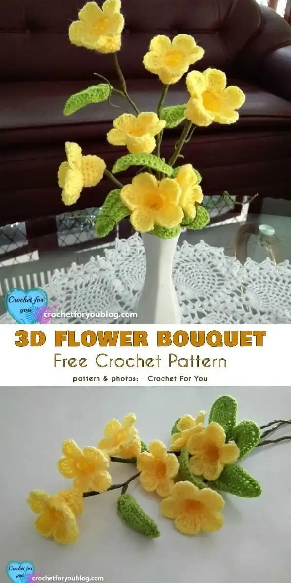 A mixed crochet flower bouquet featuring roses, small filler flowers, and green leaves, displaying a complex arrangement from the Variety of Flower Appliques Free Crochet Patterns.