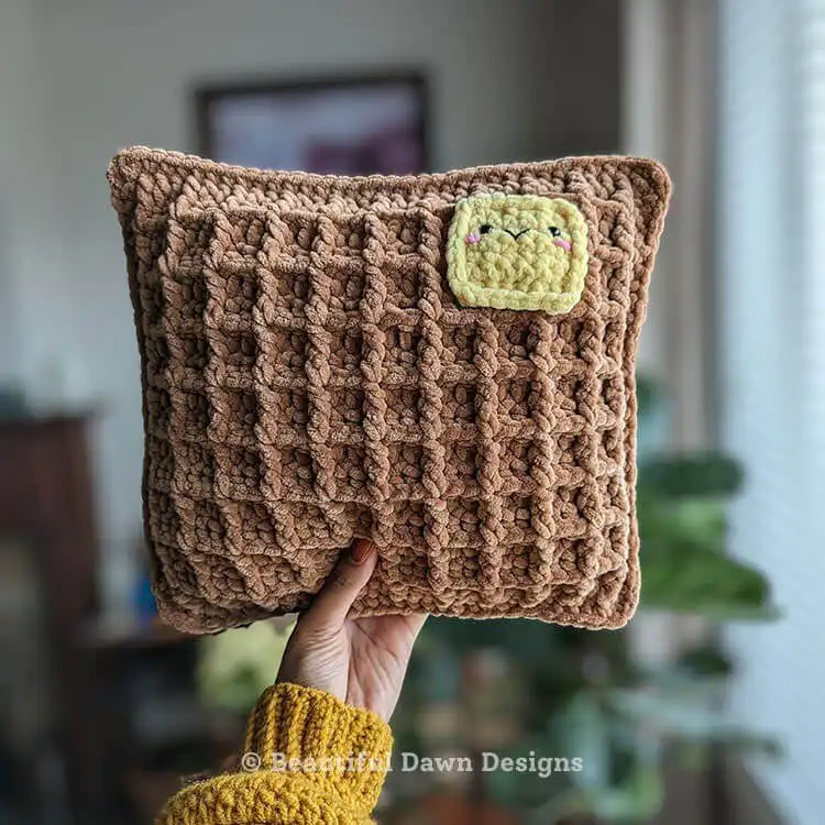 Partially assembled and stuffed Waffle Pillow Free Crochet Pattern showing the joining seam and soft filling.