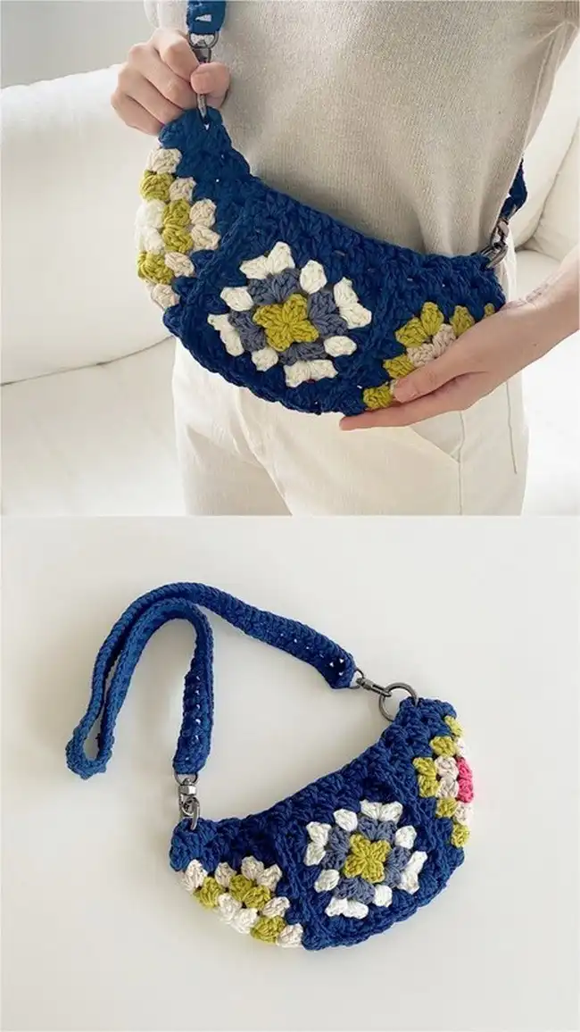 Close-up of a crocheter's hands working on a Waist Crochet Crossbody Bum Bag project, highlighting the yarn and hook.