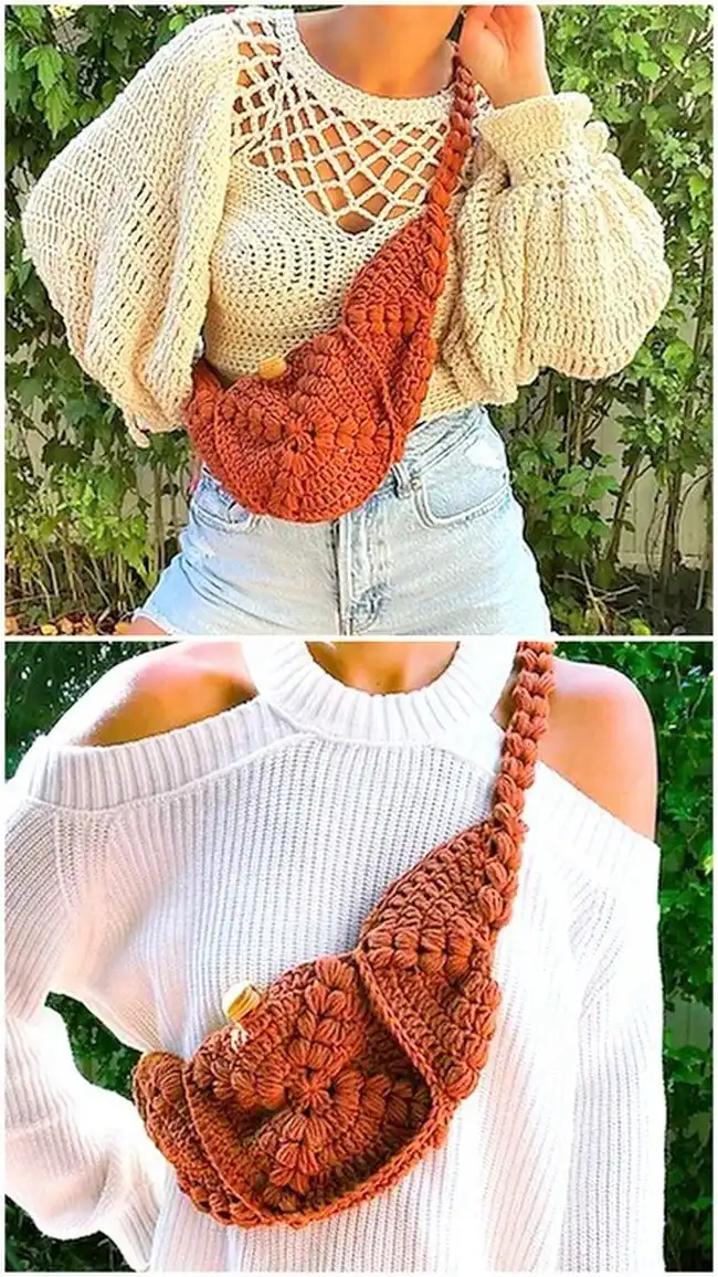 A Waist Crochet Crossbody Bum Bag featuring a textured, contrasting color fold-over flap closure.